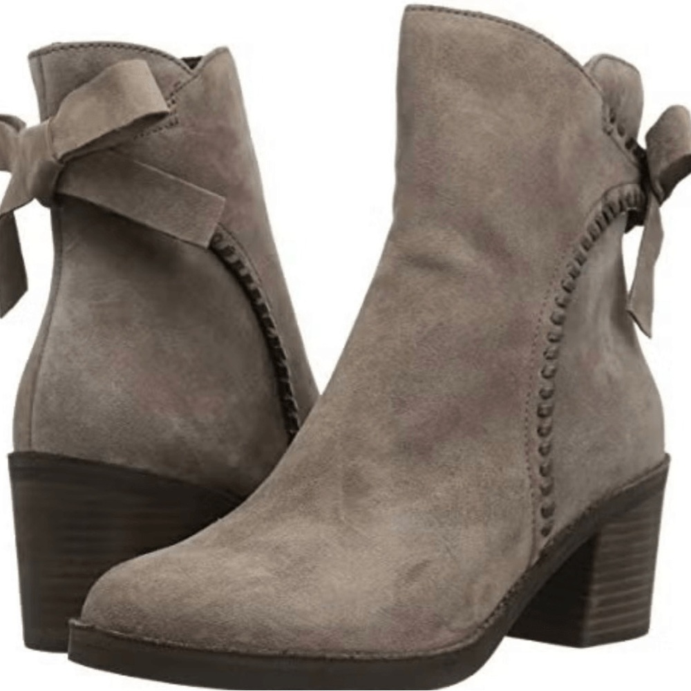UGG Fraise Whipstitch Taupe Suede Chunky Heel Booties | Size 8.5
